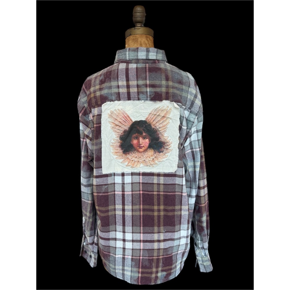 Upcycled Flannel Shirt w Vintage Angel Patch Cottage-core Boho Folk‎ Art